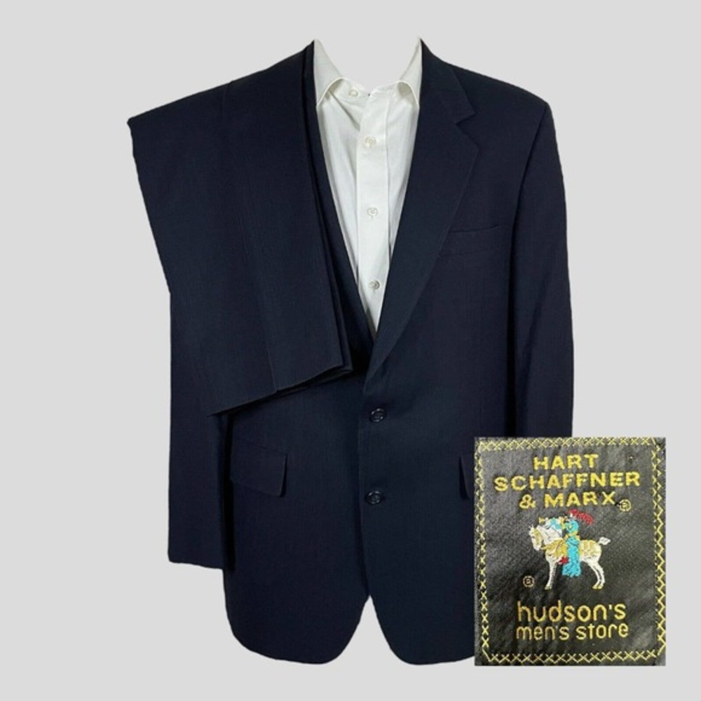 Hart Schaffner Marx 2 Piece‎ Suit Mens 42R 34x29 Navy Blue Stripe Flannel Wool